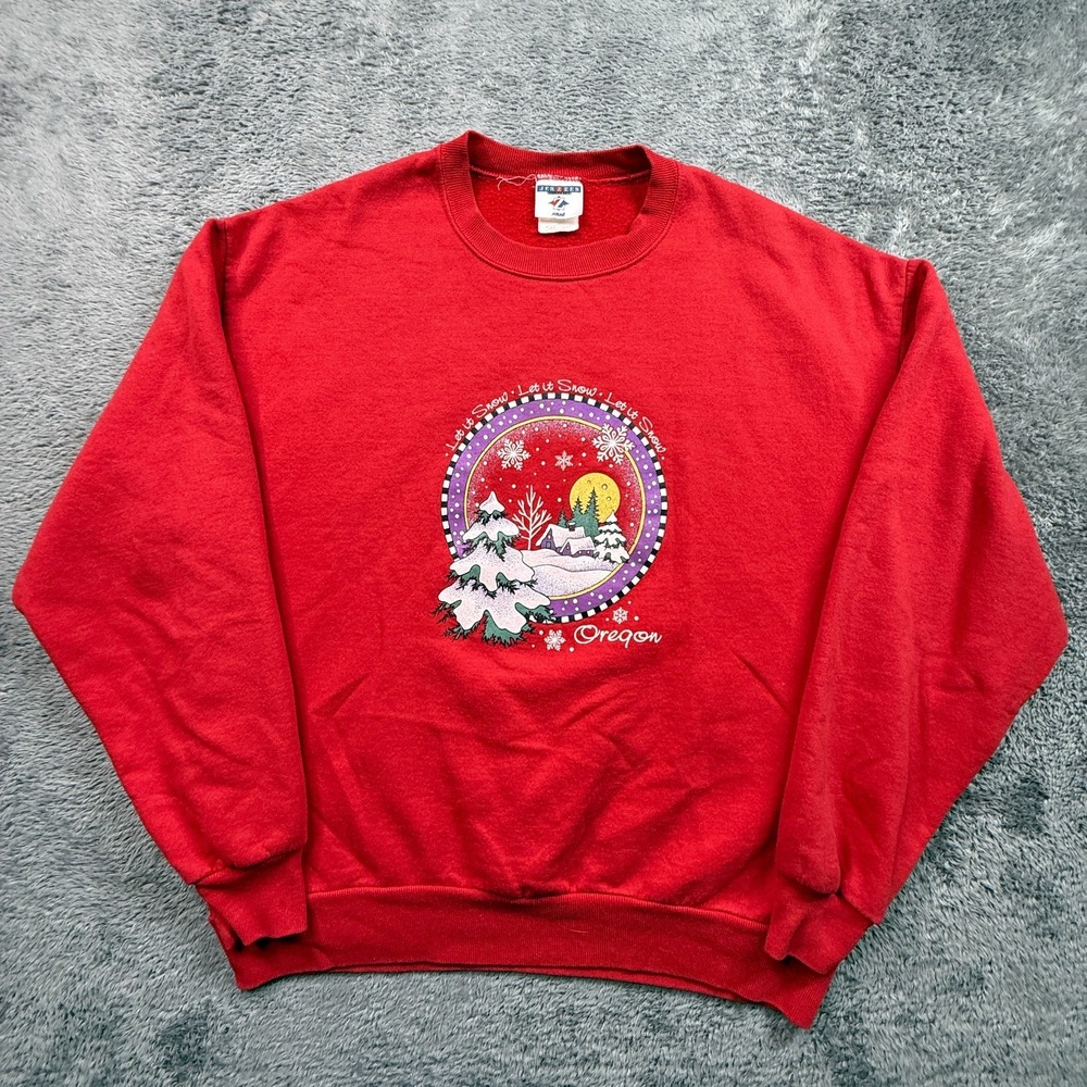 Vintage Chrismtas Winter Holiday Sweatshirt Let It Snow Oregon Red Crew Neck L